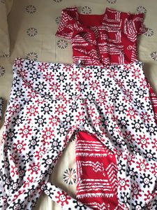 Red And White Polyester Kurta Pant Set