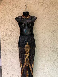 SEQUINED HALTER MESH GOWN