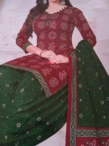 Rust Green Cotton Fabric Bandhini Special