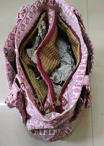 White With Maroon Motifs Allover Handbag