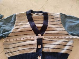 striped knit crop cardigan with denim sleeves