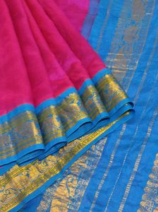 Rani Pink And Blue Silk Cotton Saree