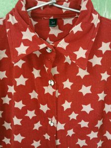 Red Star Print Button Down Shirt Top