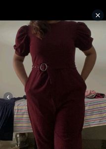 DressBerry Brand Burgundy Solid Basic Jumpsuit with Belt