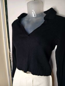 Ribbed Knit Polo Collar Fitted Crop Top🖤