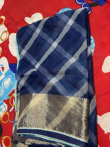 Blue &amp; White Checkered Saree