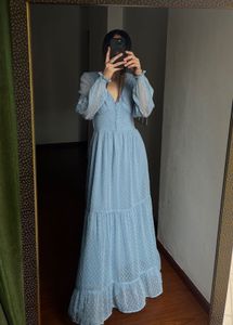 V-neck Powder Blue Maxi with Smocked detailing