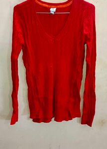 Red V-Neck Long Sleeve Top