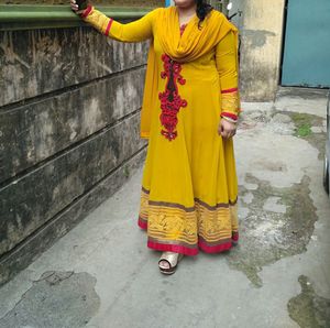 Mustard Yellow Anarkali Gown With Pant &amp;dupatta