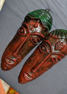 Set of 2 Terracotta Clay Tribal Face Couple Mask