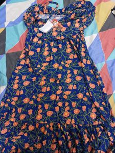 Women Deep Navy Blue Floral Sun Dress
