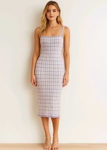Lilac Plaid Knit Midi Dress