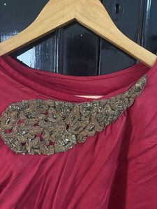 Maroon Maxi Dress With Embroidered Cape