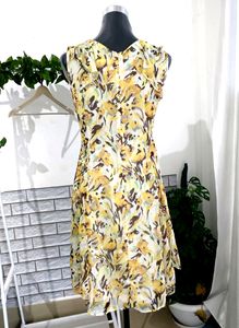 Yellow Ruffled Printed Knee Length Dress