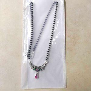 PureSilver Single Line Green&amp;Pink Stone Mangalsutr