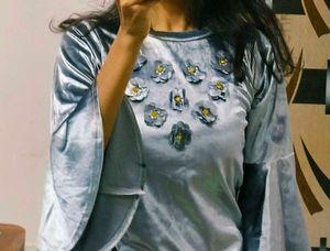 Metallic Silver Velvet Floral Top