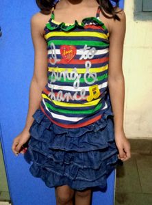 Girls' Striped Top & Denim Ruffle Skirt Set