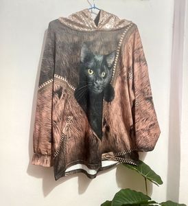 Cat Print Hoodie with Sequin Hood ✨