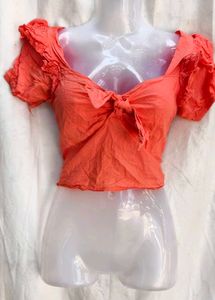 182812. Coral Tie-Front Crop Top