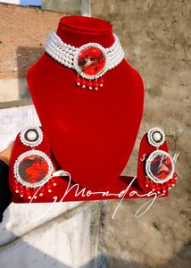 Pearl &amp; Red Stone Jewelry Set