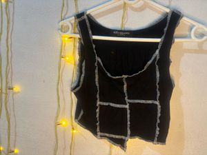 Black Asymmetric Patchwork Crop Tank  Top