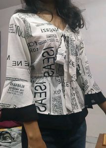 Newspaper Print Tie-Front Bell Sleeve Top