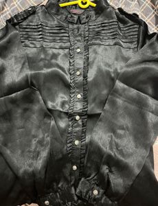 Black Ruffled Button-Down Top
