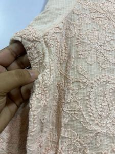 Peach Kota Checks Chikankari Embroidered Kurta