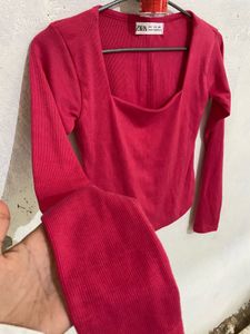 Zara Pink Square Neck Long Sleeve Top