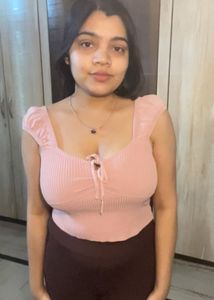 Pink Ribbed Tie-Front Top