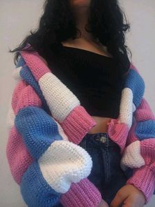 Purple Checkered Knit Cardigan