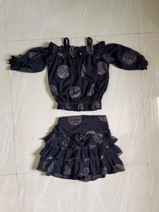 Black &Golden Print Cold Shoulder Top,Ruffle Skirt