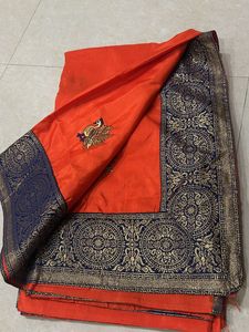 Cotton Blend Orange Saree