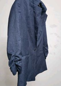 Navy Pinstripe Blazer with Stylish Ruched Sleeves