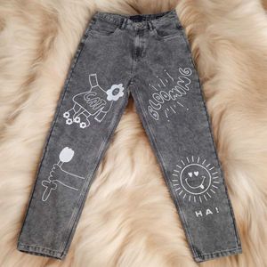 Aesthetic Grey Printed Jeans for Women
