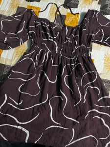 brown offshoulder with neck strip dress