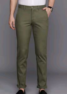 Men Olive Solid Slim Fit Trousers