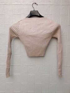 New With Tag Korean beige Ribbed V-Neck Top