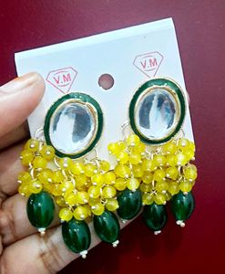Yellow N Green Kundan Earrings
