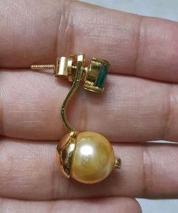 Golden Pearl and Green Stone Screw Back Earrings
