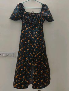 Floral Midi Dress - Puff Sleeve, Slit Detail