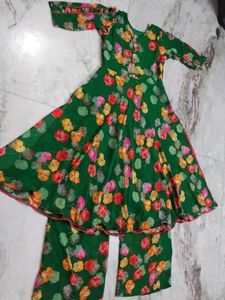 Floral Green Frock Naira Cut With Plazo