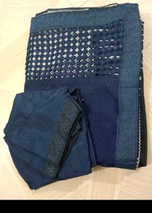 Shiny Navy Blue Saree With Blouse