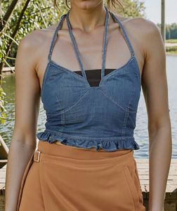 Denim Halter Top with Ruffle Hem
