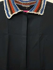 Chic Dark Blue Dress with Crochet Collar