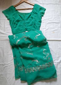 Unused Turquoise Sequins Saree