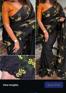 Elegant Black Floral Embroidered Saree