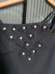 Elegant Dark Blue Pearl-Trimmed Top