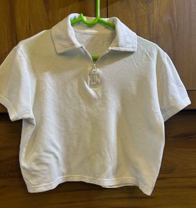 White Cropped Zip-Up Polo top