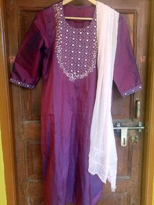 Purple Embroidered Kurti Set